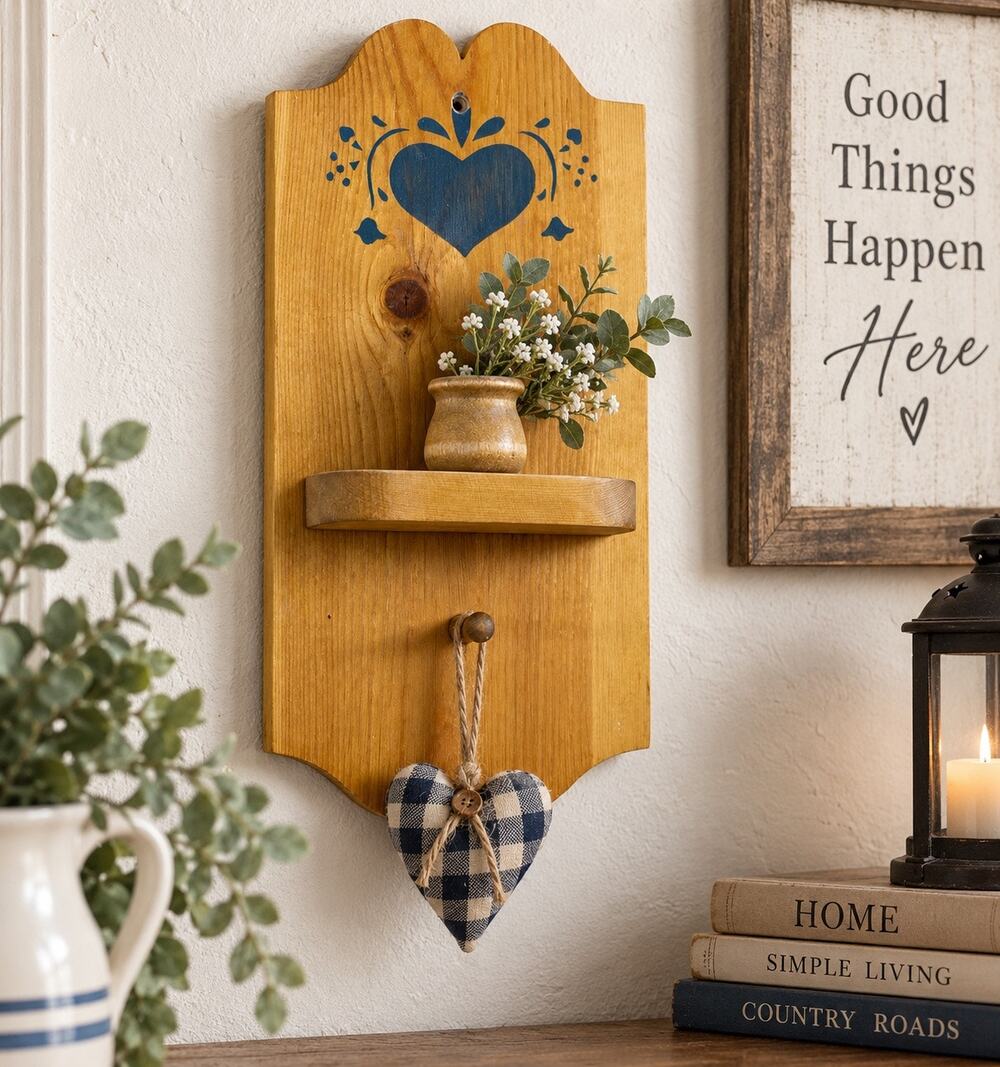 Vintage Wood Wall Shelf Blue Heart Stencil Peg Primitive Country Farmhouse 12”